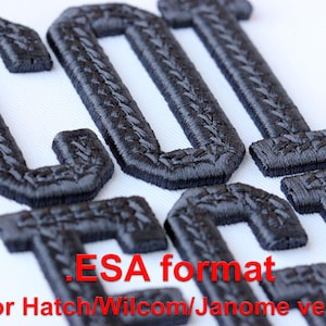 May include: Close-up of embroidered black letters spelling out "GOT" and other letters. The letters are stitched with a textured pattern. The text ".ESA format for Hatch/Wilcom/Janome ver. 5" is also visible.