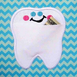 May include: A white tooth-shaped fabric pouch with a smiling face, pink cheeks, and blue eyes. The pouch has a pocket on the front where a dollar bill is sticking out.