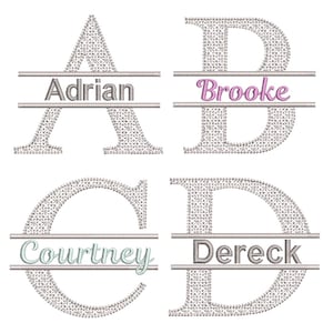 Könnte beinhalten: Vier gestickte Buchstaben: A, B, C und D. Jeder Buchstabe ist silberfarben mit einem floralen Muster und einem horizontalen Balken. Die Namen Adrian, Brooke, Courtney und Dereck sind in verschiedenen Farben auf den Balken gestickt.