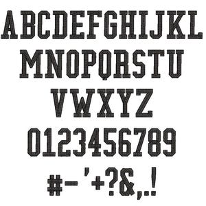 May include: A complete set of black varsity-style letters, numbers, and symbols against a white background. The alphabet includes uppercase letters A through Z, numbers 0 through 9, and various punctuation marks.