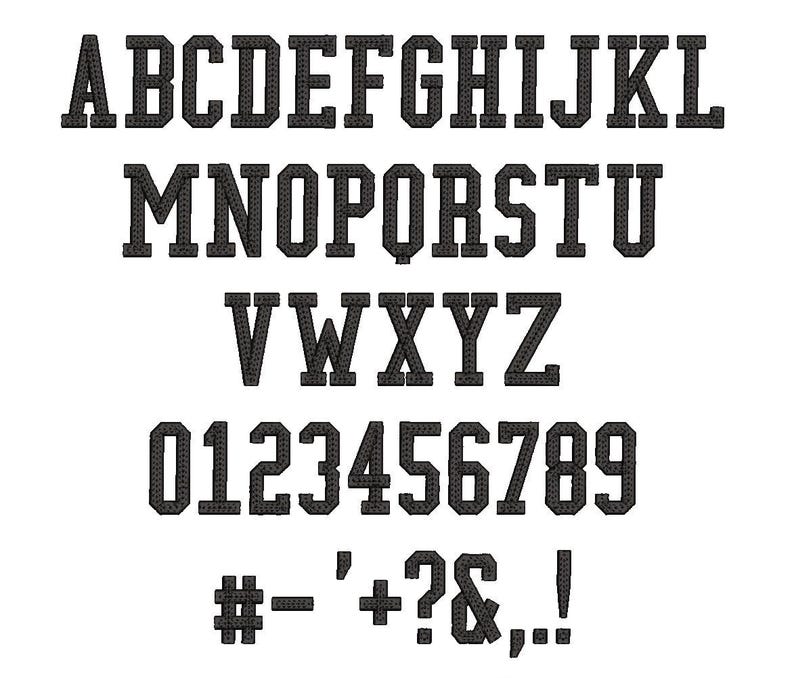 May include: A complete set of black varsity-style letters, numbers, and symbols against a white background. The alphabet includes uppercase letters A through Z, numbers 0 through 9, and various punctuation marks.