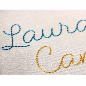 May include: Embroidered names "Laura" in teal blue thread and "Cara" in gold thread on a white fabric background.
