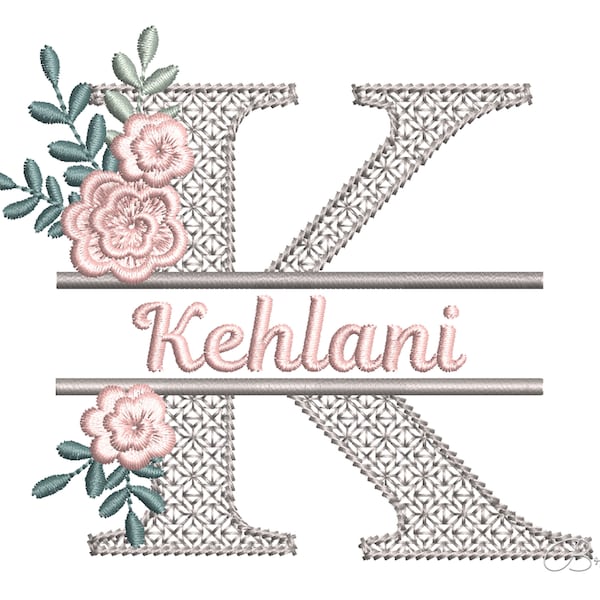 Letter K Split Flower Beautiful Monogram Machine Embroidery Design 4 sizes