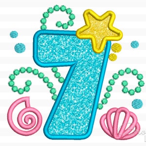 Mermaid Number 7 Applique  Machine Embroidery Design Monogram for Girls 3 sizes: 4x4, 5x7, 6x10 hoop