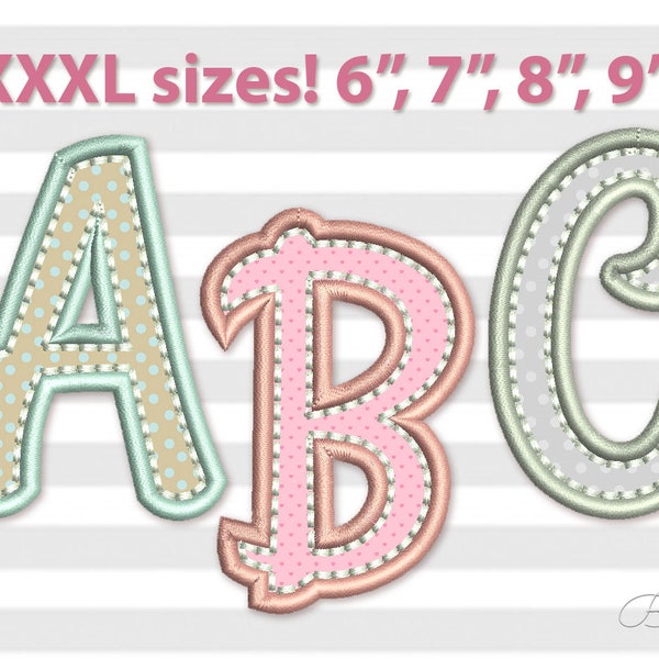 Applique Embroidery Font with Hand stitch outlines Alphabet for Kids 4 sizes:   6'', 7'', 8'', 9'' BX included!