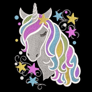 Unicorn with coloured mane and Stars Filled Machine Embroidery Design 3 sizes