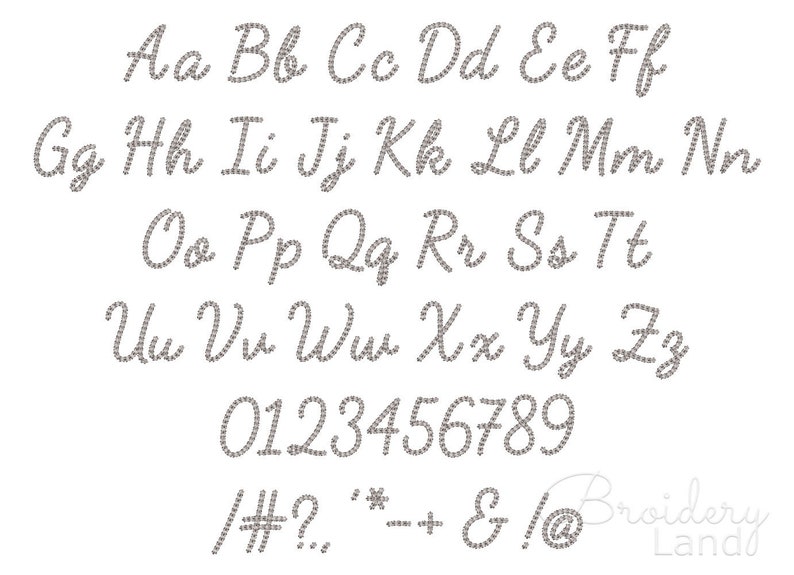 May include: A font alphabet with uppercase and lowercase letters, numbers 0-9, and punctuation marks. The font is a cursive script style. The letters and numbers are made of small, white, round shapes, resembling rhinestones or beads.