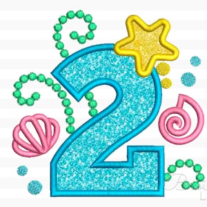 Mermaid Number 2 Applique  Machine Embroidery Design Monogram for Girls 3 sizes: 4x4, 5x7, 6x10 hoop