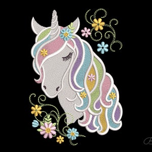 Unicorn with coloured mane and flowers Filled Machine Embroidery Design 3 sizes