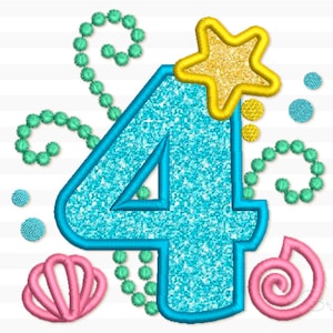 Mermaid Number 4 Applique  Machine Embroidery Design Monogram for Girls 3 sizes: 4x4, 5x7, 6x10 hoop