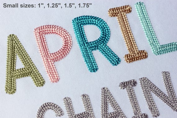 Chain Filled Font Machine Embroidery April Bold Alphabet 4 sizes:  1", 1.25", 1.5", 1.75" BX included