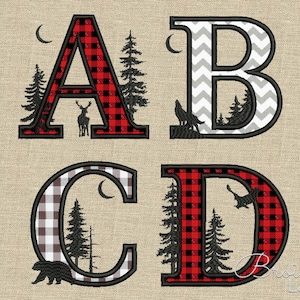 May include: Four embroidered letters, A, B, C, and D, in a woodland theme. Each letter is filled with a different pattern: red and black buffalo plaid, gray and white chevron, white and black gingham, and red and black buffalo plaid. Each letter has a crescent moon, trees, and an animal silhouette inside.