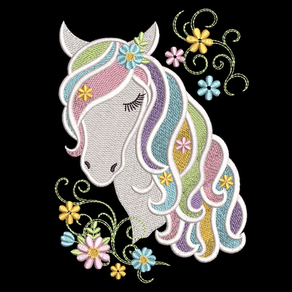 Horse with coloured mane and flowers Filled Machine Embroidery Design 3 sizes