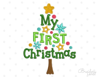 May include: Embroidered Christmas tree design with the text "My First Christmas" in green, yellow, and red. The tree is decorated with stars, snowflakes, and ornaments.