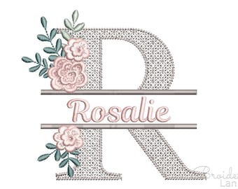 Letter R Split Flower Beautiful Monogram Machine Embroidery Design 4 sizes
