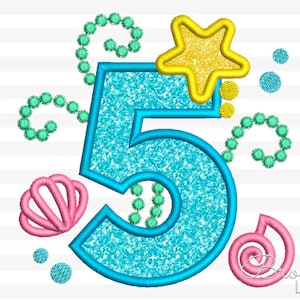 Mermaid Number 5 Applique  Machine Embroidery Design Monogram for Girls 3 sizes: 4x4, 5x7, 6x10 hoop