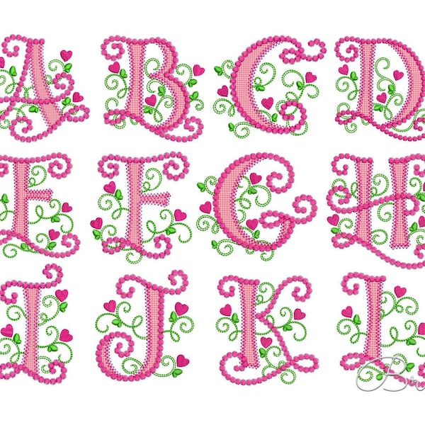 Cute Alphabet Machine Embroidery Font Cute Monogram for Girls Valentine's Day Design 3 sizes for 4x4, 5x7 and 6x10 hoop sizes