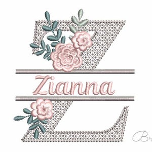 Letra Z Split Flor Hermoso Monograma Máquina Bordado Diseño 4 tamaños