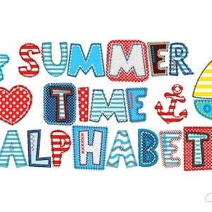 Applique Embroidery Alphabet Summer Time with Hand stitch outlines Font for Kids Embroidery Designs 4 sizes