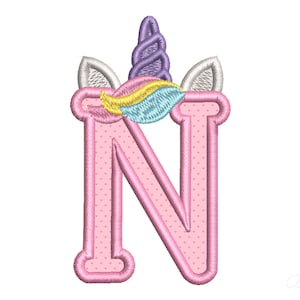 Unicornio letra N hermoso monograma apliques máquina bordado diseño 4 tamaños