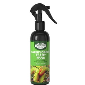 May include: A black spray bottle with a green and white label that reads "Carnivorous Plant Food." The label features an illustration of a Venus flytrap. The bottle is designed for complete care of carnivorous plants and is ready to use.