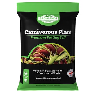 May include: Black bag of Growlands Carnivorous Plant Premium Potting Soil. The bag has a green top and bottom with the Growlands logo. The front shows an image of Venus flytraps and text: "Specially Formulated for Carnivorous Plants". Approx 4 litres.