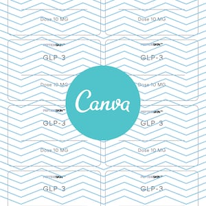 May include: A design with multiple rectangular cards displaying "GLP-3" and "Dose 10 MG" against a blue and white chevron background. A teal circle with "Canva" is in the centre. An orange circle with "Special OFFER!!" is in the top left.