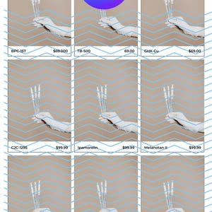 May include: A collage of nine images showing syringes held by gloved hands. Each image has text labels including "BPC-157", "TB-500", and "GHK-Cu". The Canva logo is visible. The background is light brown with a blue zigzag pattern.
