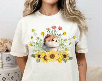 Camisa de gato Comfort Colors®, camisa Cottagecore botánica, camiseta de flores silvestres prensadas, camiseta independiente, camisa de gatito Fairycore, camiseta de gatito vintage
