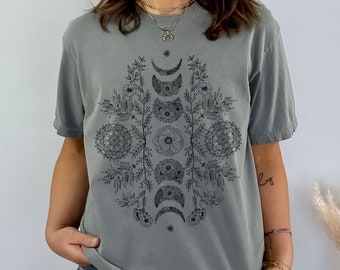 Comfort Colors® Camisa de fases lunares, Camiseta mística de fase lunar, Camiseta boho con gráfico floral, T celestial, Astrología Astronomía, Camiseta lunar, Regalo