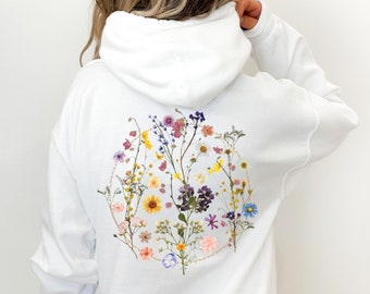 Boho Wildflowers Cottagecore Hooded Sweatshirt, Pressed Flowers Hoodie,  Floral Graphic Hoody, Pastel Floral Nature Sweater, Botanical Gifts