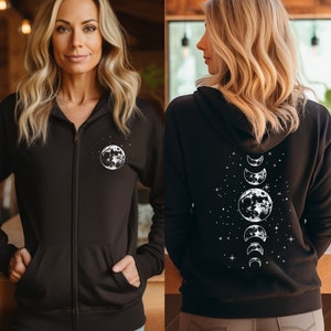 Moon Phases Zip Up Hoodie, Mystical Moon Phase Hooded Sweatshirt, Front & Back Print, Celestial Sweater, Moon Hoody, Astrology Astronomy