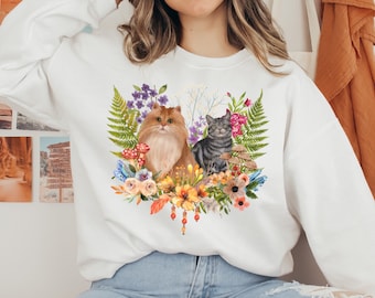 Sudadera de mamá gato, Cottagecore vintage, suéter de gato lindo, suéter de flores prensadas, gatito Fairycore, botánico, Maine Coon, regalo de gatito
