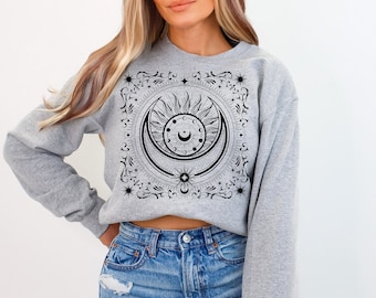 Mystic Moon And Sun Crewneck, Moon Phases Pullover, Celestial Graphic Sweatshirt, Astrology Astronomy Sweater, Boho Mystical Moon Gifts