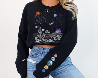 Celestial Sweat Shirt, Sleeve Print, Moon Crewneck, Star Galaxy Pullover, Mystical Moon Phases, Astrology Astronomy Sweater, Moon Graphic