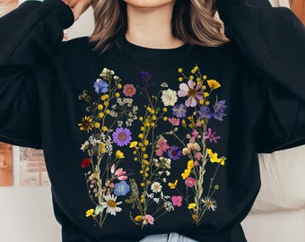 Sudadera de flores prensadas, Boho Wildflowers Cottagecore, suéter gráfico floral, naturaleza floral pastel, jersey botánico, suéter vintage