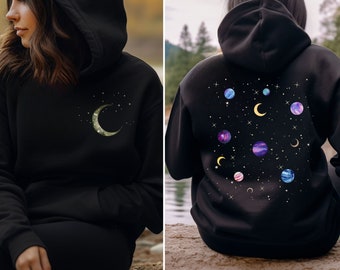 Celestial Hoodie, Moon Hooded Sweat Shirt, Front & Back Print, Star Galaxy Hoody, Mystical Moon Phase Clothing, Astrology Astronomy, Gifts