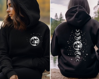 Moon Phases Hoodie, Mystical Moon Phase Hooded Sweatshirt, Front & Back Print, Celestial Sweater, Moon Hoody, Astrology Astronomy Pullover