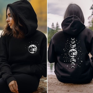 Moon Phases Hoodie, Mystical Moon Phase Hooded Sweatshirt, Front & Back Print, Celestial Sweater, Moon Hoody, Astrology Astronomy Pullover