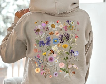 Pressed Flowers Hoodie, Boho Wildflowers Cottagecore Hooded Sweatshirt, Floral Mushroom Hoody, Pastel Floral Nature Sweater, Botanical Gift