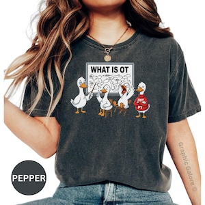 May include: A charcoal gray t-shirt featuring a graphic of four white ducks in front of a whiteboard with the text WHAT IS OT. One duck points to the board, another sits, one appears to be shouting, and the last wears a red sweater labeled NOT PT.