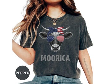 Patriotic Cow T-Shirt, Moorica Shirt, USA Flag Bandana Sunglasses, Funny 4th of July TShirt, American Pride Apparel, Cow Lover Gift