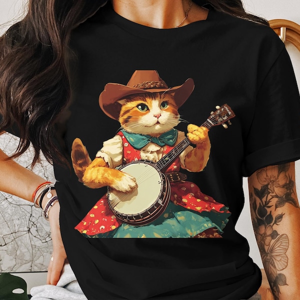 Cat Playing Banjo T-Shirt, Cute Musical Cat with Hat, Country Music Lover Gift, Unisex Graphic Tee