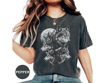 Comfort Colors - Wolf Pack T-Shirt, Grayscale Lunar Design, Animal Lover Gift