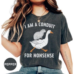 May include: Dark gray t-shirt with a whimsical design. The graphic features a capybara riding on a goose, with the text "I AM A CONDUIT FOR NONSENSE" in white. The shirt has a vintage, worn look.