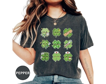 Cute Kawaii St Patrick's Day Shirt, Adorable Patchwork Clover Tee, Fun Shamrock Designs Graphic Shirt, Perfect for Nurses Gift