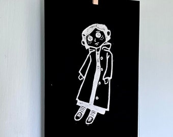 Coraline Doll Linocut Print 6x9