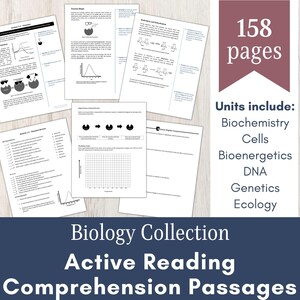Könnte beinhalten: Eine Sammlung von 158 Seiten mit Biologie-Leseverständnistexten. Die Einheiten umfassen Biochemie, Zellen, Bioenergetik, DNA, Genetik und Ökologie. Die Seiten sind schwarzweiß und enthalten Diagramme und Grafiken.
