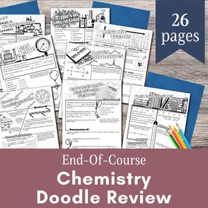 Può includere: Una revisione di chimica in doodle in bianco e nero, con 26 pagine di fogli di lavoro. I fogli di lavoro trattano argomenti come la stechiometria, i tipi di reazioni, le tendenze periodiche, le strutture di Lewis, le configurazioni elettroniche, i calcoli con cifre significative e le conversioni di unità.