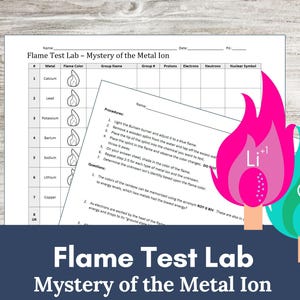 May include: A black and white printable worksheet for a science lab experiment called "Flame Test Lab - Mystery of the Metal Ion". The worksheet includes a table to record the metal, flame color, group name, group number, protons, electrons, neutrons, and nuclear symbol. The worksheet also includes instructions for the experiment and questions to answer.